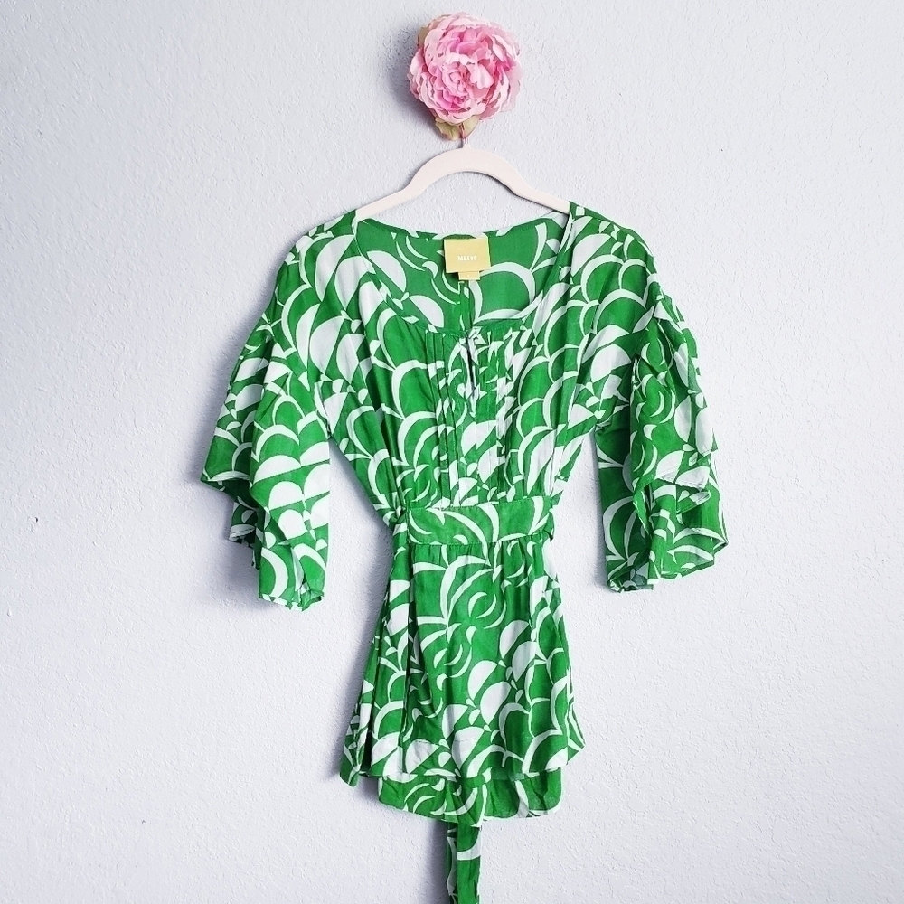 Anthropologie Maeve Green and White Abstract Blouse